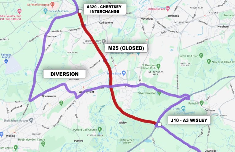 m25 closure map of the diversion