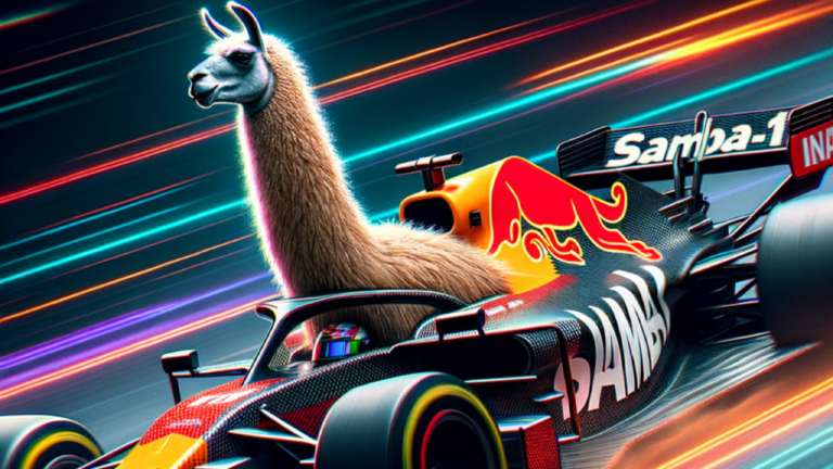 a race car going super fast with the name Samba1 emblazoned on the side with a llama driving illustration 8k2 1
