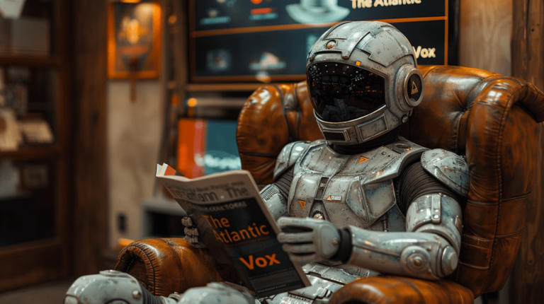 cfr0z3n a robot sits on a leather chair reading a magazine labe c3523873 16bd 4f96 be99 f3e5357719a7