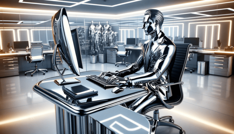 DALL·E 2024 01 30 08.48.24 An image depicting a chrome plated man in a business suit typing at a chrome plated computer in a chrome plated office. The man should appear sleek a