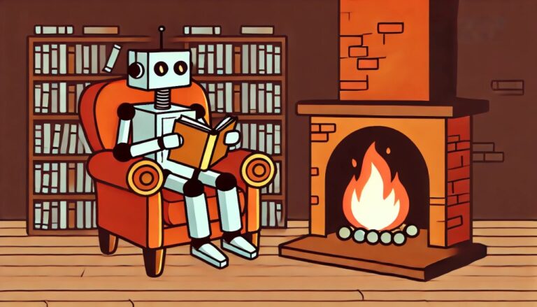 robot reading cozy fireplace